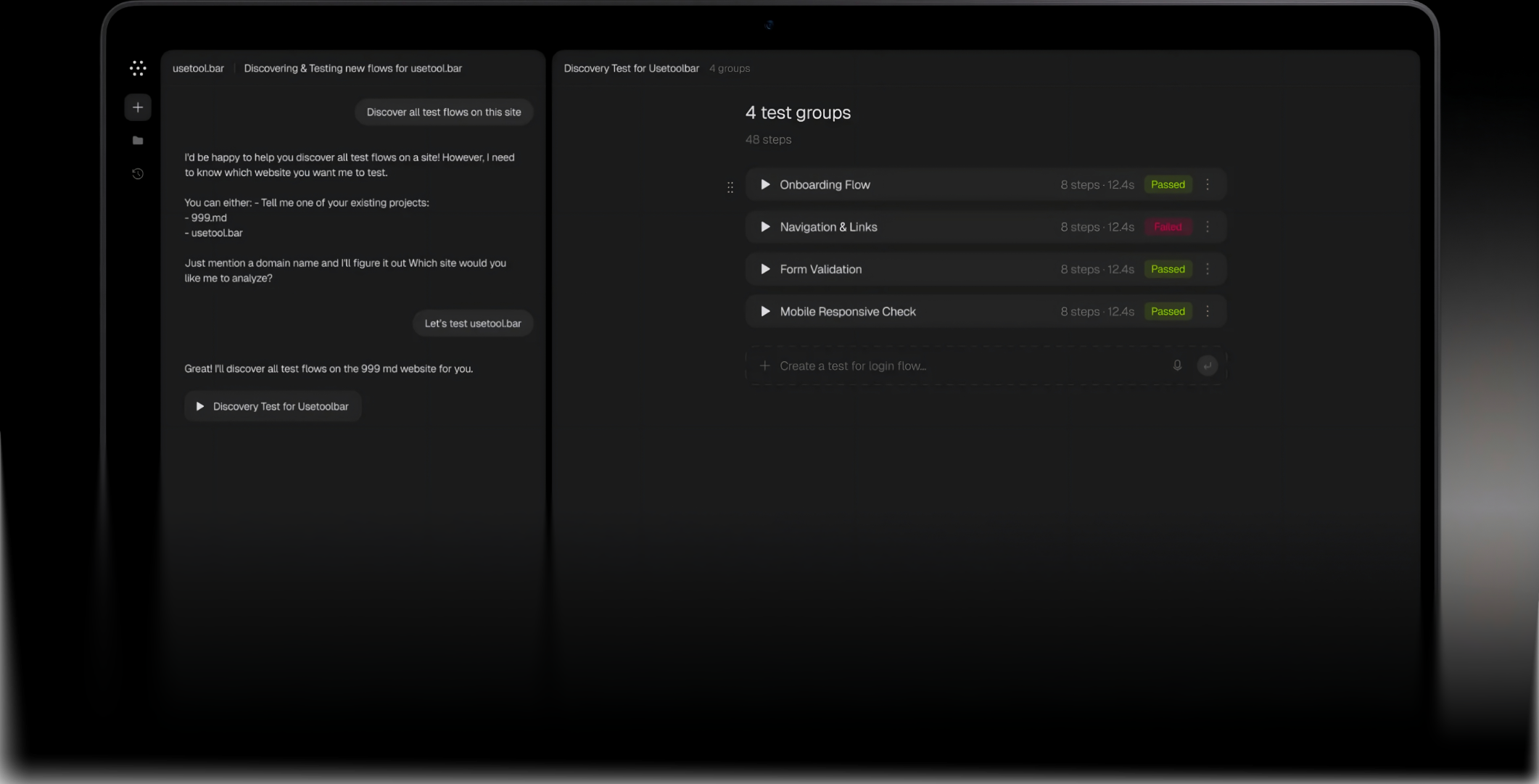 Toolbar discovering and testing flows for usetool.bar